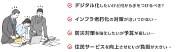 デジタル化したいけど何から手をつけるべき？　インフラ老朽化の対策が追いつかない…　防災対策を強化したいが予算が厳しい…　住民サービスを向上させたいが負担が大きい…　